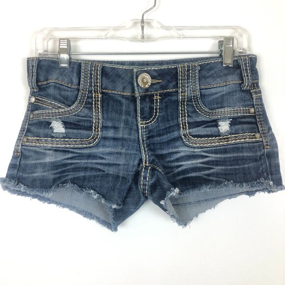 Almost Famous Pants - Almost Famous Denim Shorts Sz 1 Jrs Distressed Raw Hem Stretch Thick Stitches